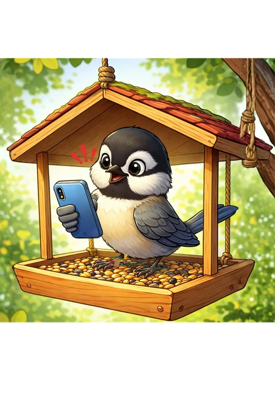 Chickadee reading a phone